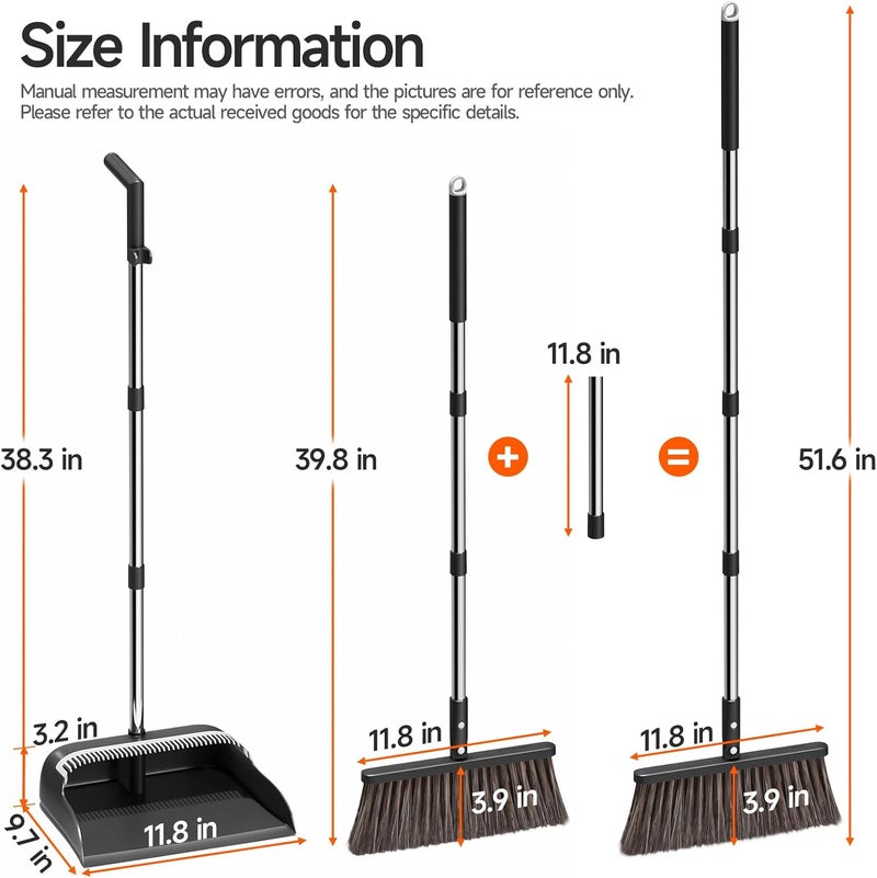 CTIME Broom and Dustpan Set, Extra Brush Head & 51.6" Adjustable Long Handle Standing Dustpan Set, with Dust Pan Teeth to Clean Pet Hair, Easy Sweeping Suitable for Home Kitchen Office Lobby - Image 2